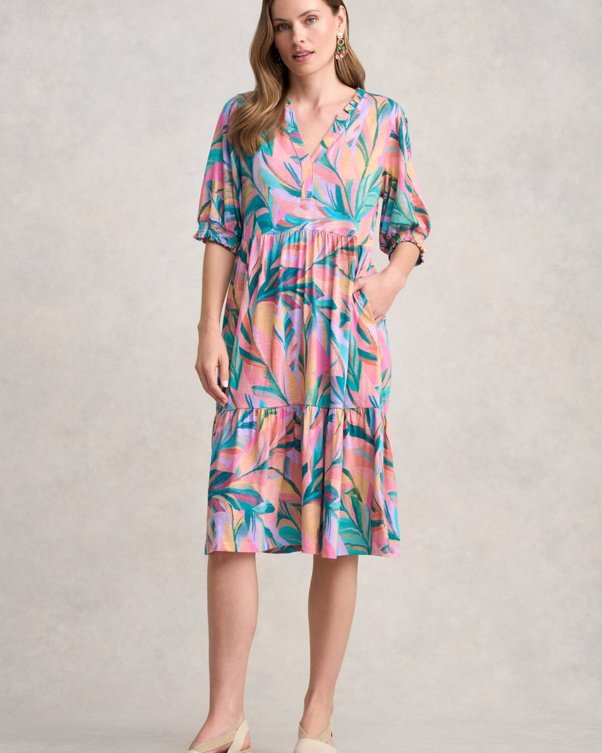 Jersey Tiered Dress - Multi Palm Print