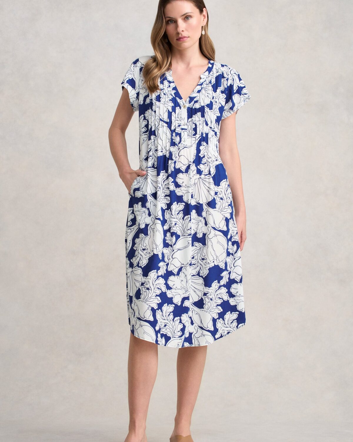 Pleat Front Midi Dress - Sea Shells Print