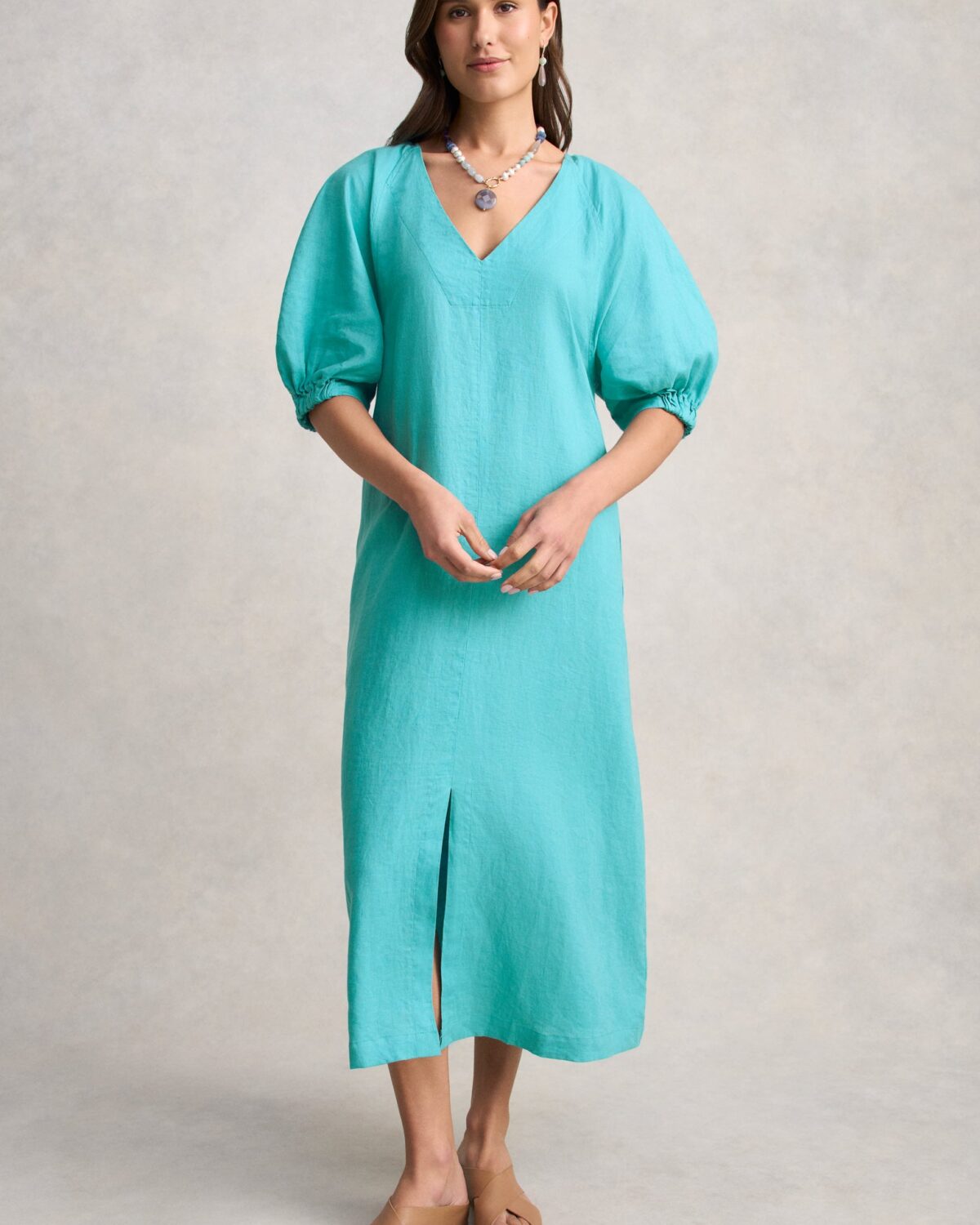 Raglan Sleeve Linen Dress - Aqua Blue