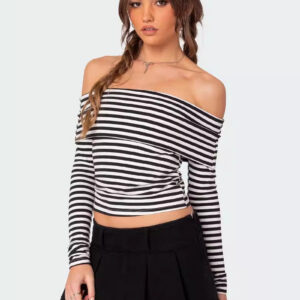 Slim Fit Striped Slit Neck Knit Top